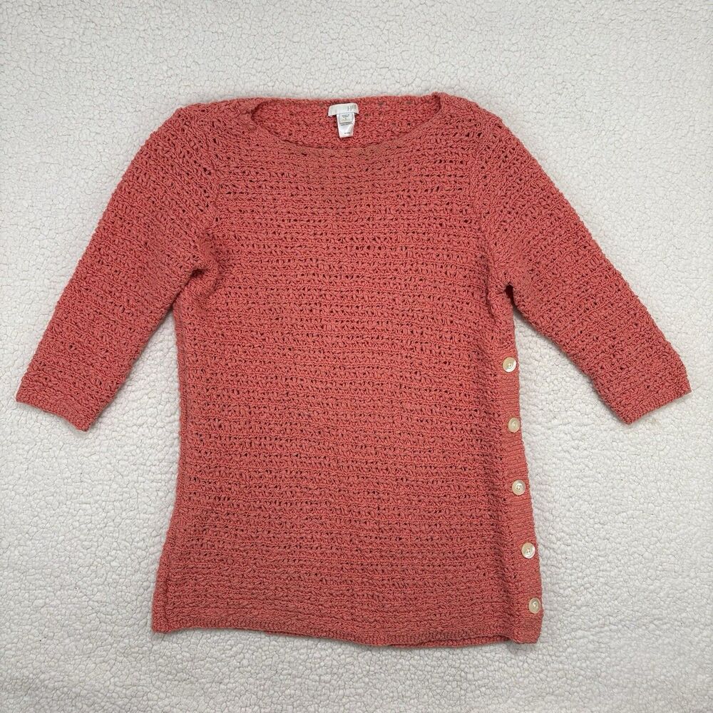 J. Jill Sweater Womens S Coral Chunky Open Knit 3/4 Sleeve Coastal Tunic Button